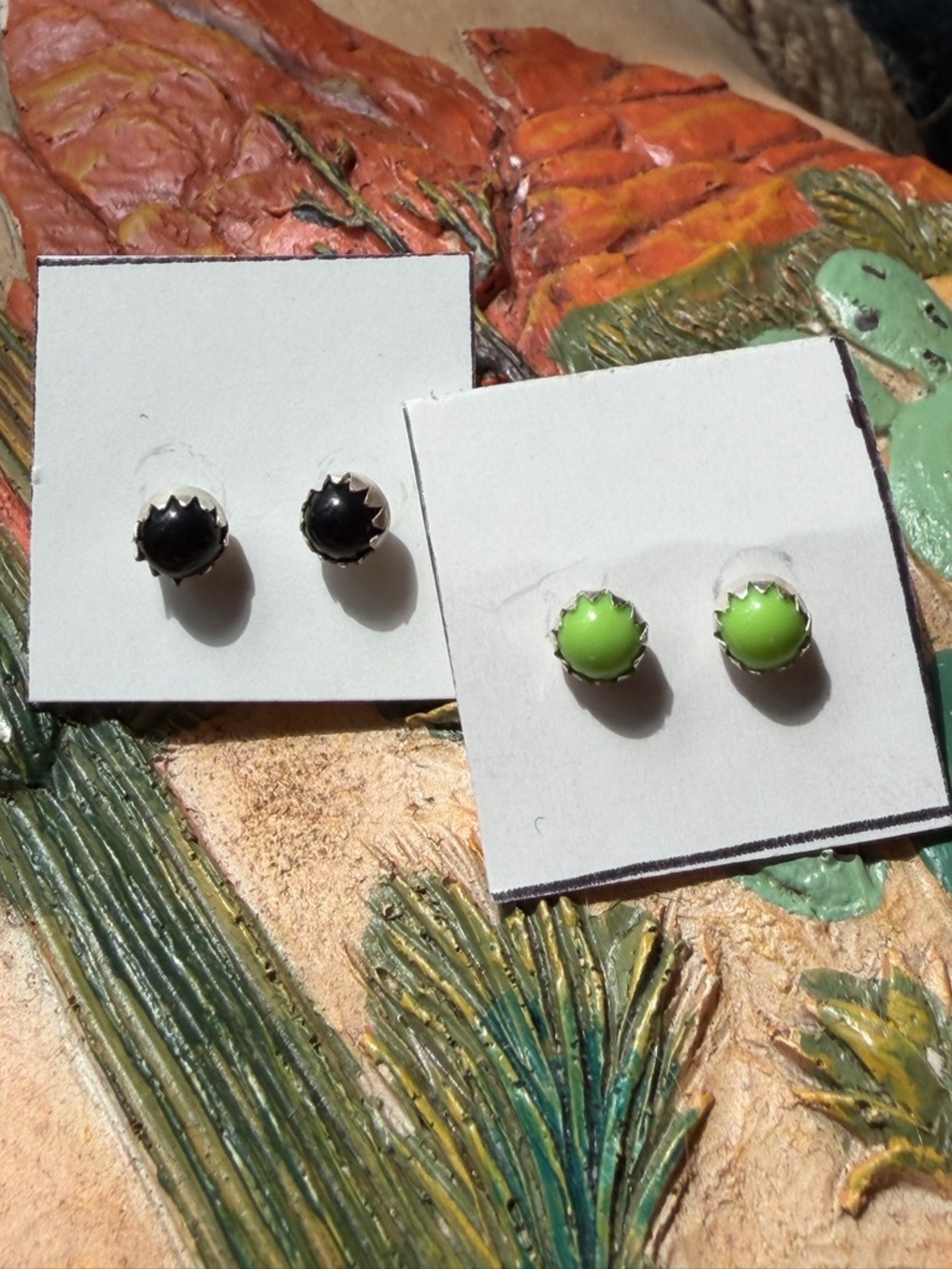 Native American Round Stud Earrings - Lime Green and Black Onyx